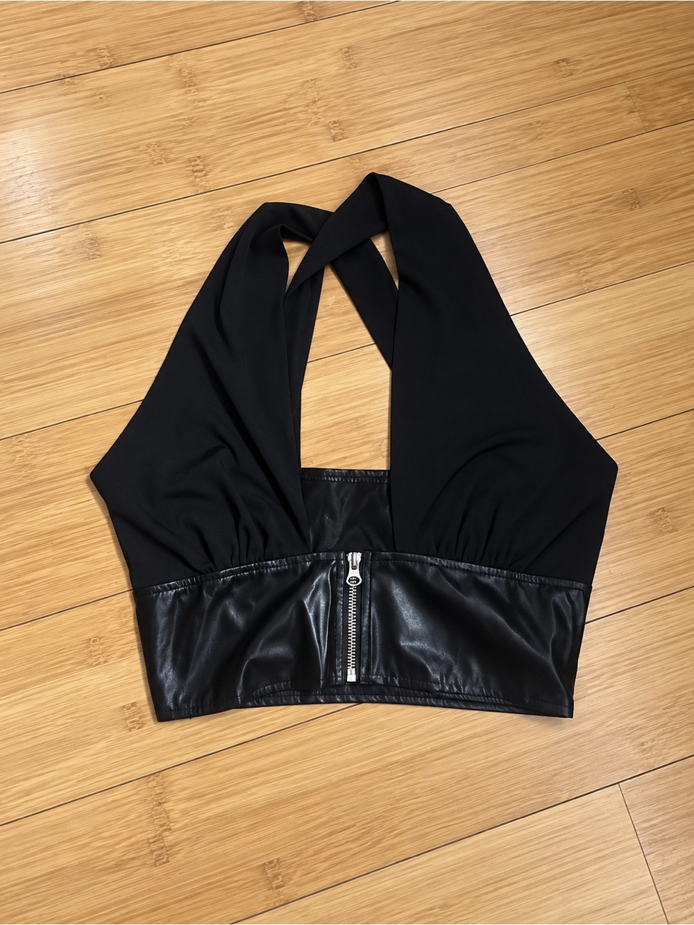 Black Halter Crop Top with Faux Leather Zip Band